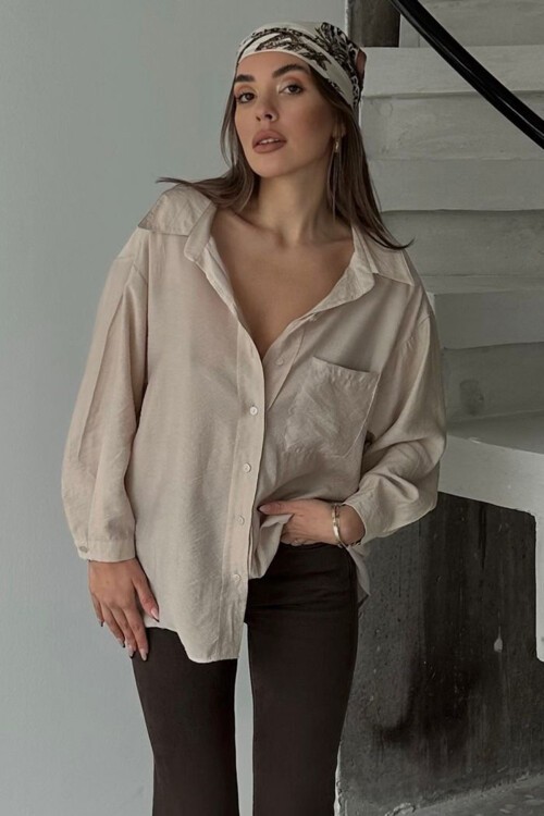 Bej Tek Cepli Uzun Kol Oversize Gömlek