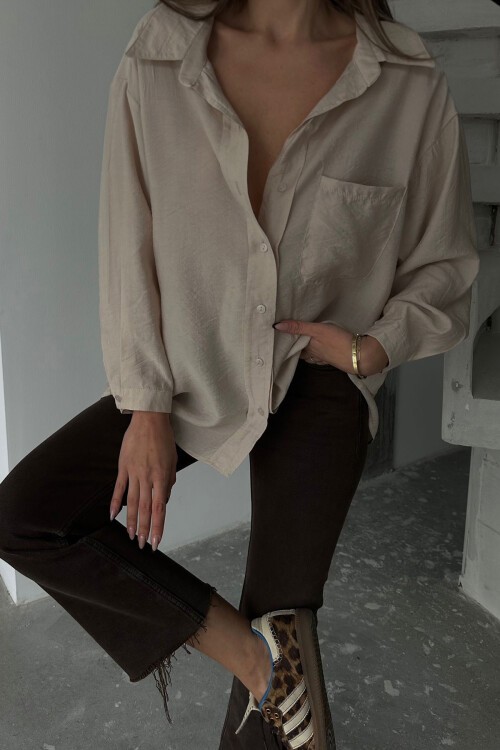 Bej Tek Cepli Uzun Kol Oversize Gömlek