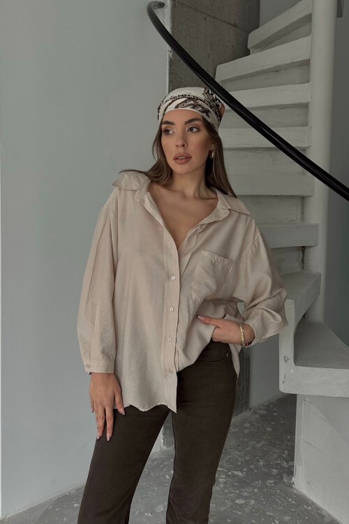 Bej Tek Cepli Uzun Kol Oversize Gömlek