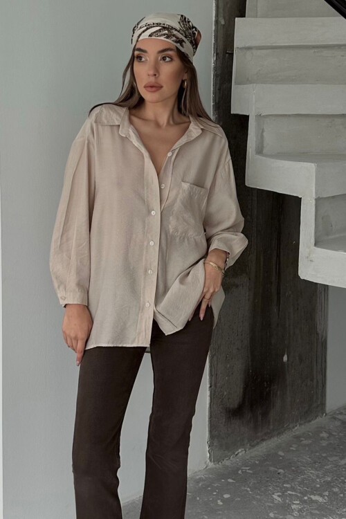 Bej Tek Cepli Uzun Kol Oversize Gömlek