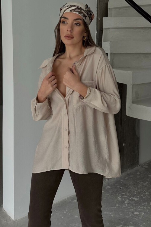 Bej Tek Cepli Uzun Kol Oversize Gömlek
