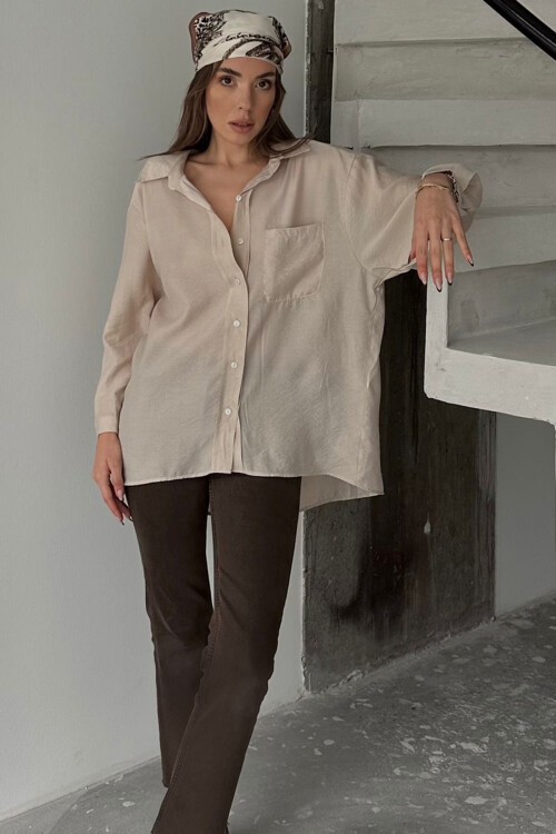 Bej Tek Cepli Uzun Kol Oversize Gömlek