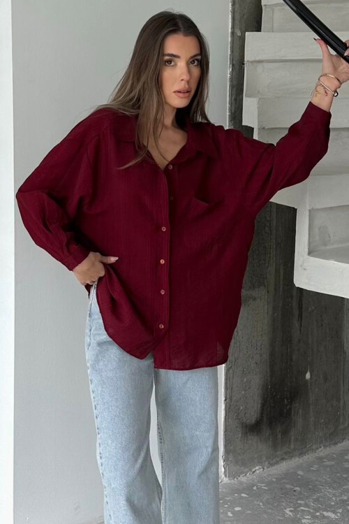 Bordo Tek Cepli Uzun Kol Oversize Gömlek