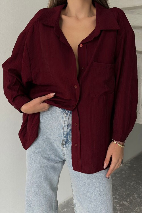 Bordo Tek Cepli Uzun Kol Oversize Gömlek