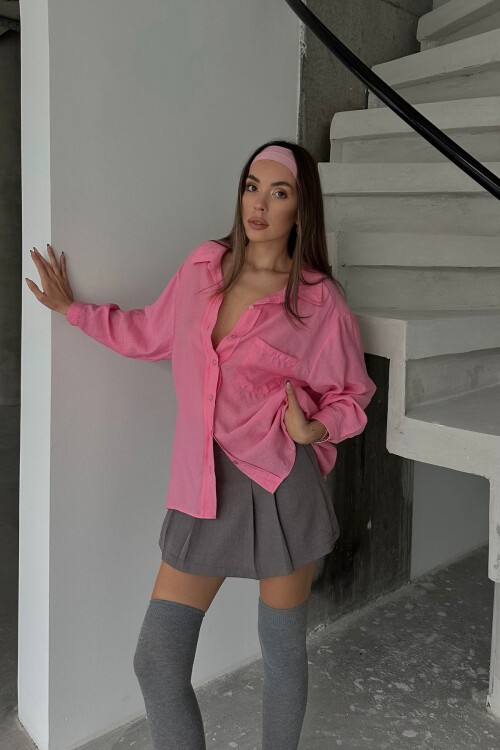 Pembe Tek Cepli Uzun Kol Oversize Gömlek