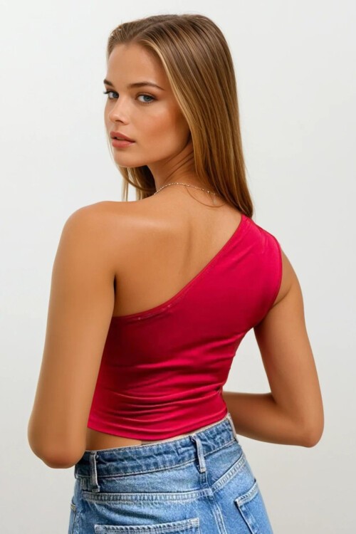 Kırmızı Tek Omuz Drapeli Crop Bluz