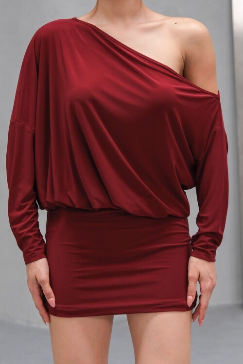 Bordo Tek Omuz Düşük Kollu Mini Elbise