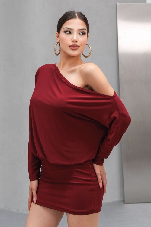 Bordo Tek Omuz Düşük Kollu Mini Elbise