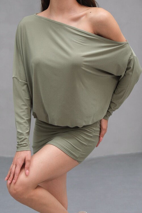 Haki Tek Omuz Düşük Kollu Mini Elbise