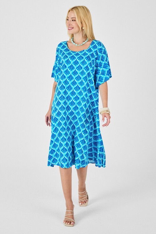 Bebe Mavi U Yaka Kısa Kollu Midi Boy Desenli Elbise