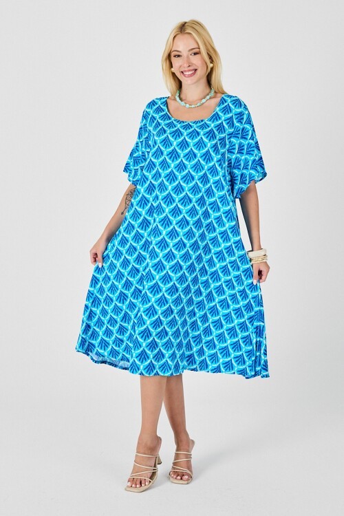 Bebe Mavi U Yaka Kısa Kollu Midi Boy Desenli Elbise
