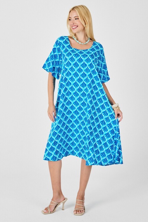 Bebe Mavi U Yaka Kısa Kollu Midi Boy Desenli Elbise