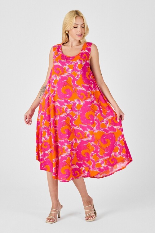 Turuncu U Yaka Kolsuz Asimetrik Kesim Midi Boy Elbise