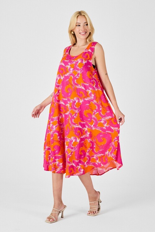 Turuncu U Yaka Kolsuz Asimetrik Kesim Midi Boy Elbise