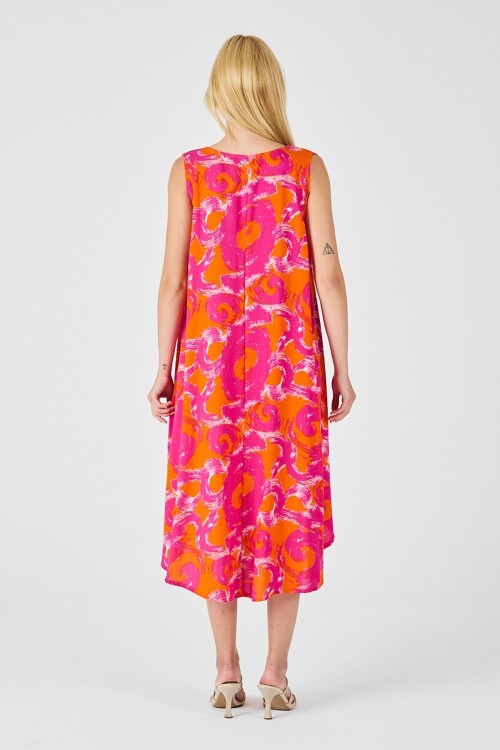 Turuncu U Yaka Kolsuz Asimetrik Kesim Midi Boy Elbise