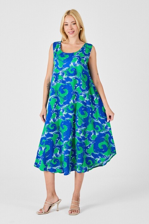 Cam Göbeği U Yaka Kolsuz Asimetrik Kesim Midi Boy Elbise