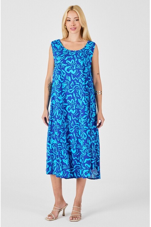 Mavi U Yaka Kolsuz Eteği Asimetrik Kesim Desenli Midi Boy Elbise