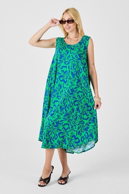 Yeşil Mavi U Yaka Kolsuz Eteği Asimetrik Kesim Desenli Midi Boy Elbise
