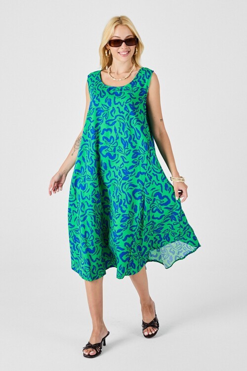 Yeşil Mavi U Yaka Kolsuz Eteği Asimetrik Kesim Desenli Midi Boy Elbise