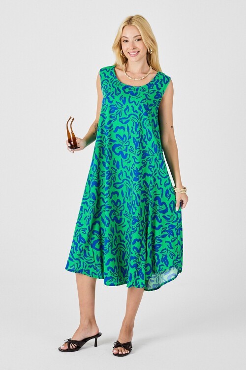 Yeşil Mavi U Yaka Kolsuz Eteği Asimetrik Kesim Desenli Midi Boy Elbise