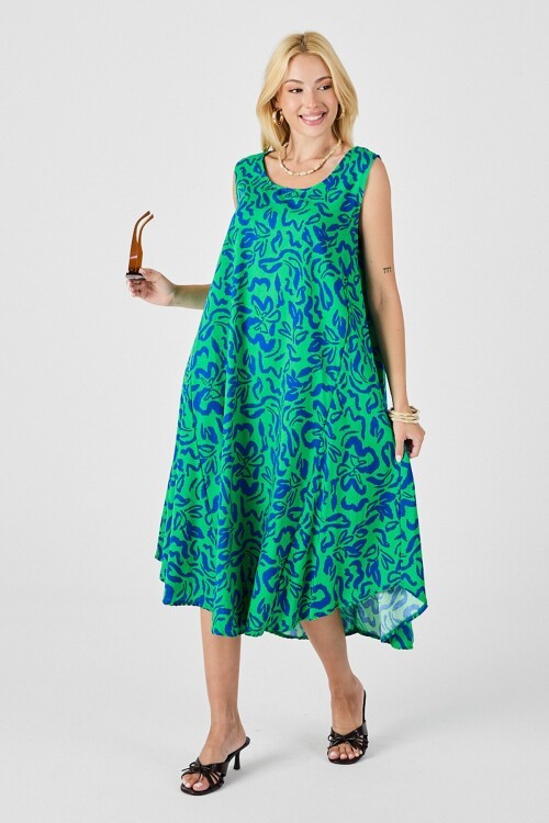 Yeşil Mavi U Yaka Kolsuz Eteği Asimetrik Kesim Desenli Midi Boy Elbise