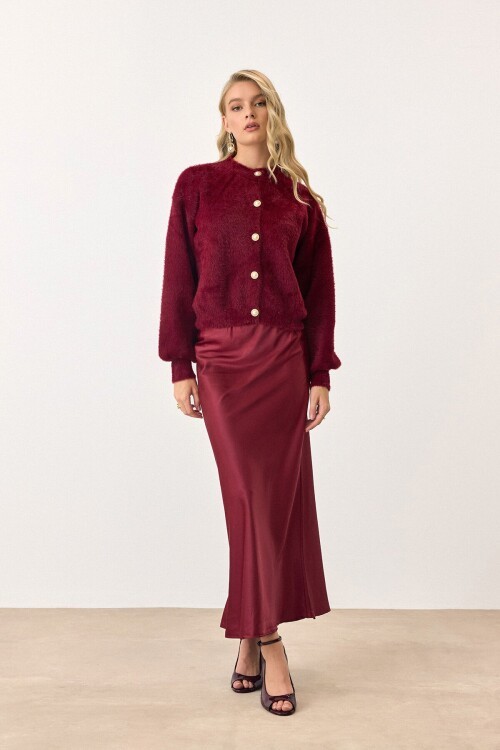 Bordo Uzun Kollu Düğmeli Tüylü Triko Hırka