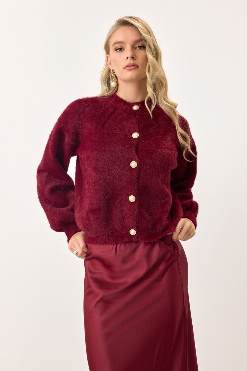 Bordo Uzun Kollu Düğmeli Tüylü Triko Hırka