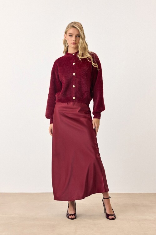Bordo Uzun Kollu Düğmeli Tüylü Triko Hırka