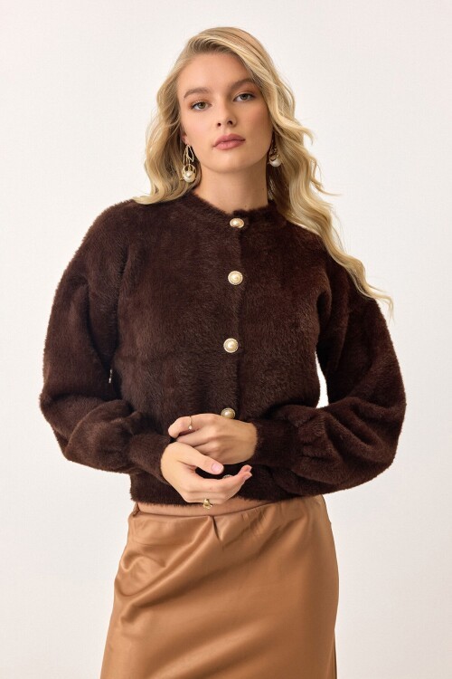 Kahverengi Uzun Kollu Düğmeli Tüylü Triko Hırka