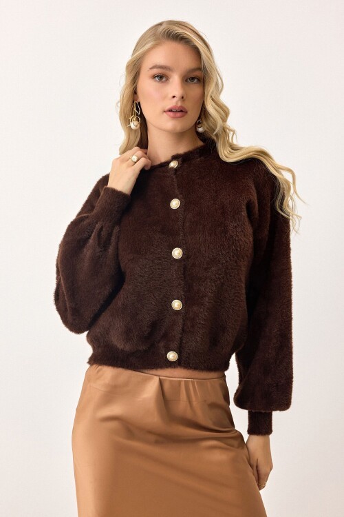 Kahverengi Uzun Kollu Düğmeli Tüylü Triko Hırka