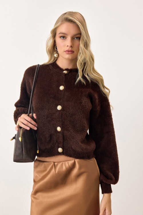 Kahverengi Uzun Kollu Düğmeli Tüylü Triko Hırka