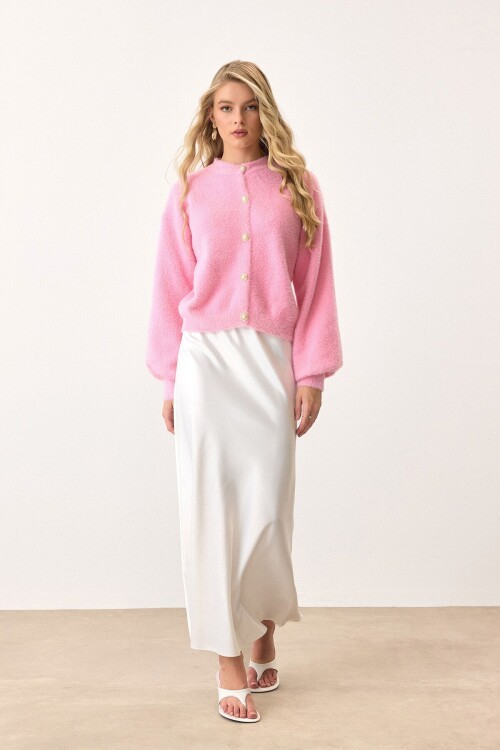 Pembe Uzun Kollu Düğmeli Tüylü Triko Hırka