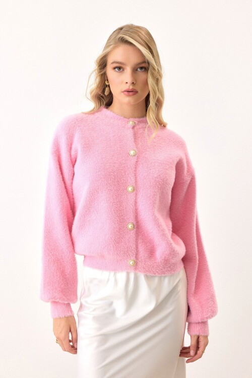 Pembe Uzun Kollu Düğmeli Tüylü Triko Hırka