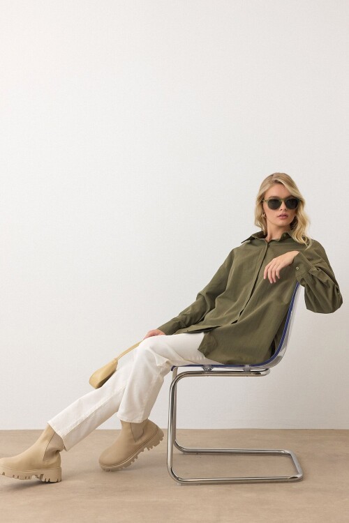 Haki Uzun Kollu Oversize Poplin Gömlek