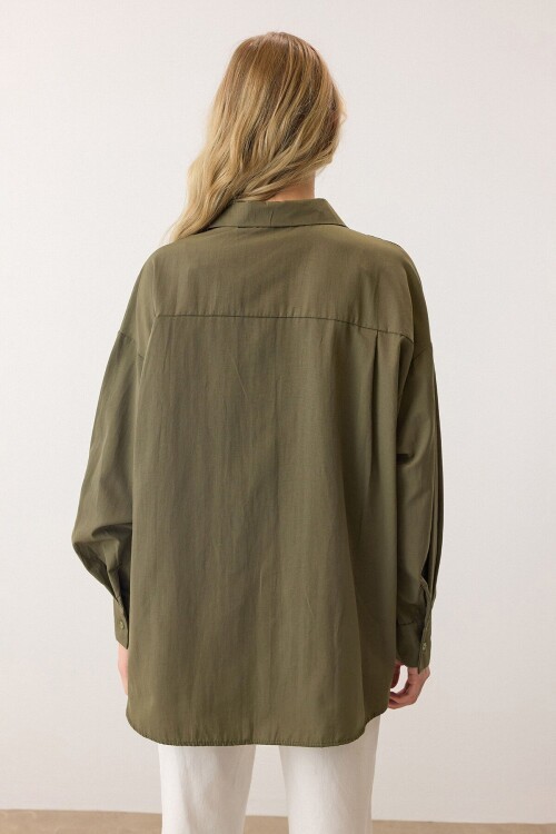 Haki Uzun Kollu Oversize Poplin Gömlek