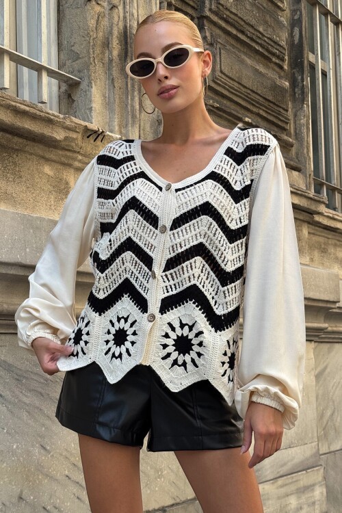 Bej Siyah V Yaka Ajur Ve Motifli Premıum Triko Hırka