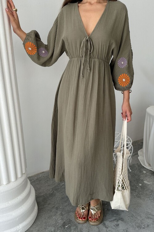 Haki V Yaka Balon Kol Bağcıklı Astarlı Uzun Elbise