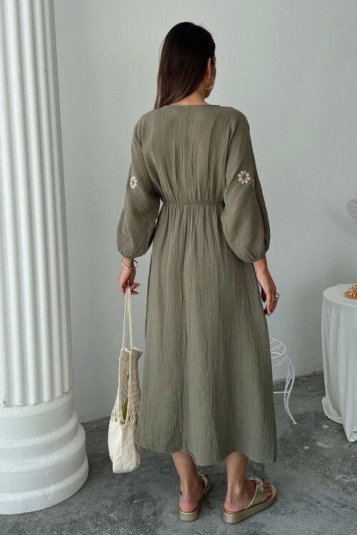 Haki V Yaka Balon Kol Bağcıklı Astarlı Uzun Elbise