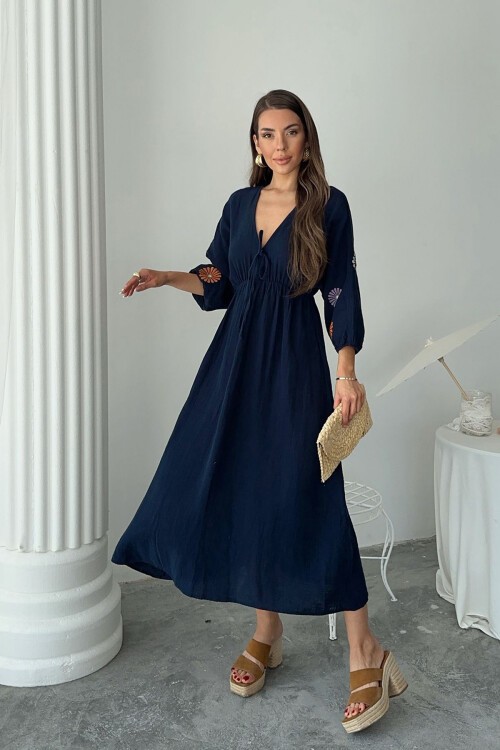 Lacivert V Yaka Balon Kol Bağcıklı Astarlı Uzun Elbise
