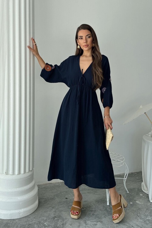 Lacivert V Yaka Balon Kol Bağcıklı Astarlı Uzun Elbise