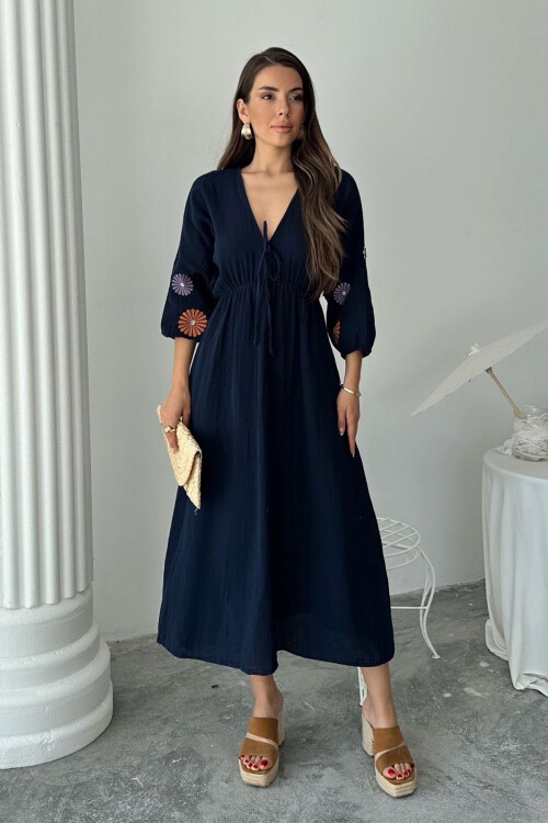 Lacivert V Yaka Balon Kol Bağcıklı Astarlı Uzun Elbise