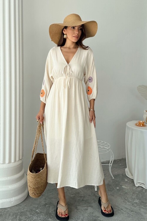 Bej V Yaka Balon Kol Bağcıklı Astarlı Uzun Elbise