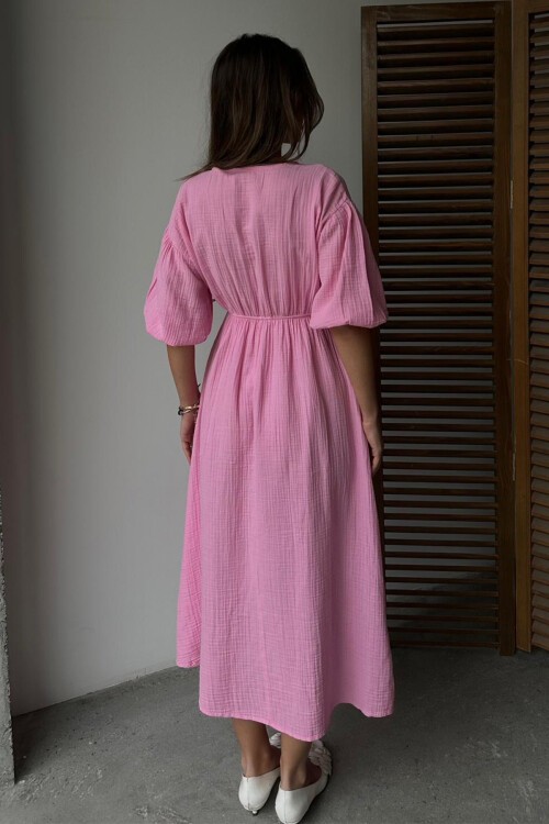 Pembe V Yaka Beli Lastikli Kısa Kol Müslin Kumaş Elbise