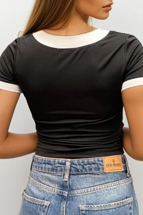 Siyah V Yaka Kısa Kollu Crop Bluz