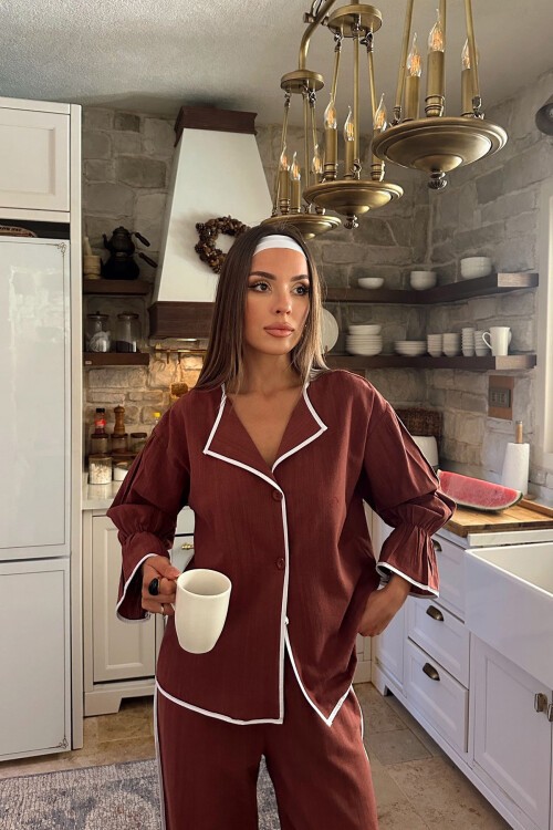 Kiremit V Yaka Kolları Lastikli Keten Alt Üst Takım