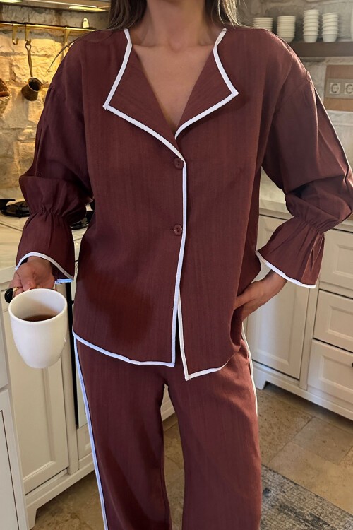 Kiremit V Yaka Kolları Lastikli Keten Alt Üst Takım