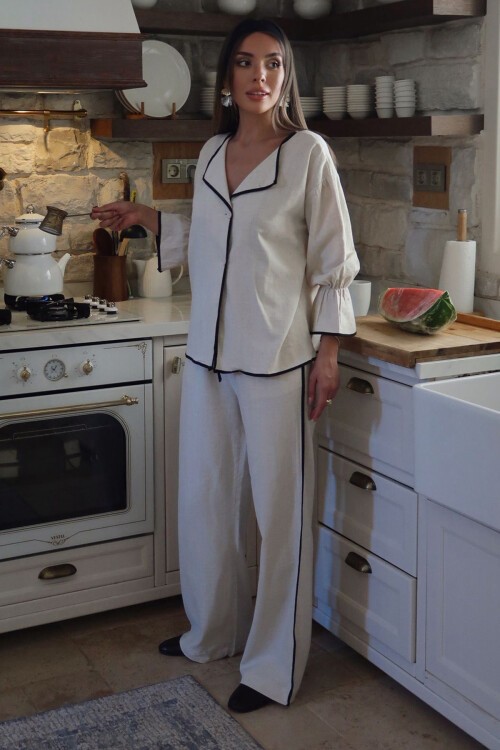 Krem V Yaka Kolları Lastikli Keten Alt Üst Takım