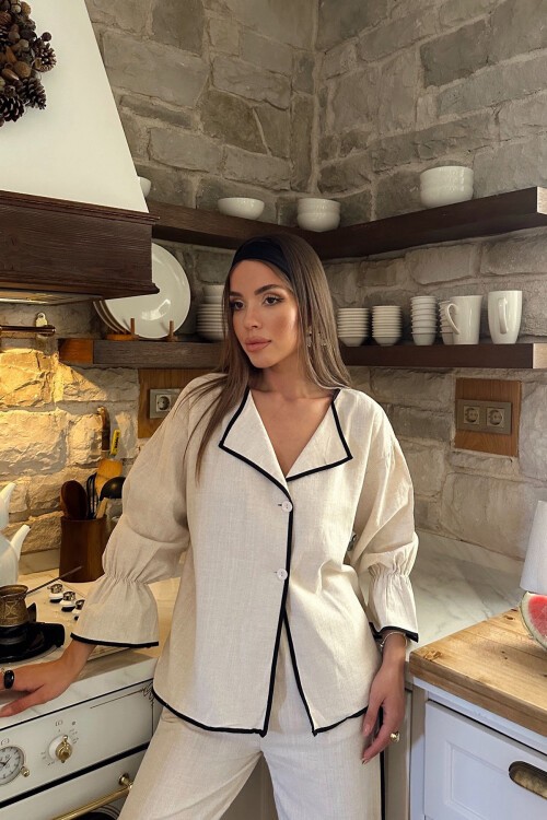 Krem V Yaka Kolları Lastikli Keten Alt Üst Takım