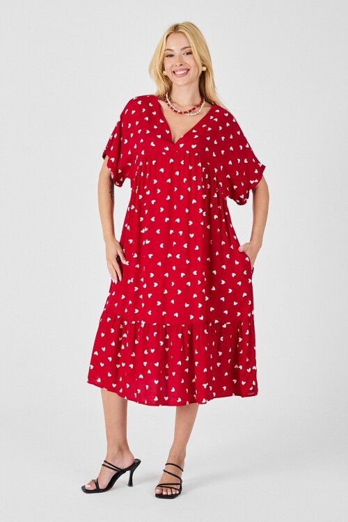 Kırmızı V Yaka Oversize Kesim Desenli Çift Cepli Volanlı Elbise