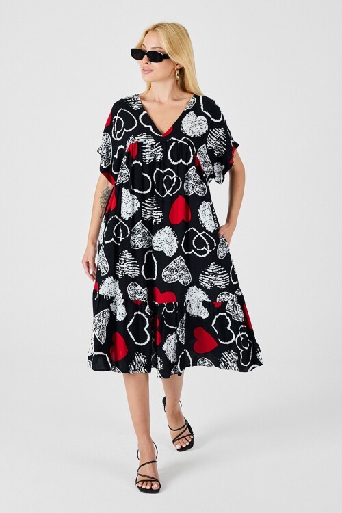 Kırmızı-Siyah V Yaka Oversize Kesim Desenli Çift Cepli Volanlı Elbise